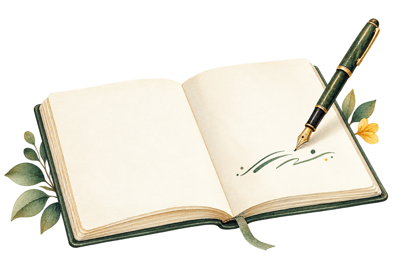 Libreta abierta con una pluma estilográfica, preparada para comenzar a escribir nuestra historia